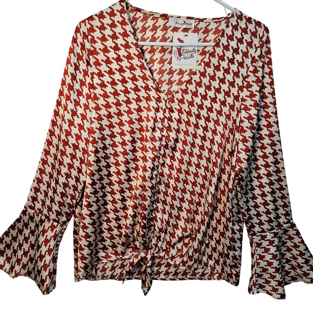 Perfectly Priscilla Cream Red Houndstooth Top Bell Sleeve Tie Bottom Small NWT - Picture 13 of 13